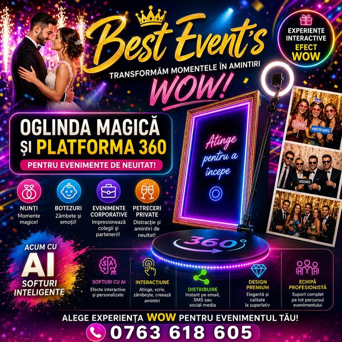 Oglindă Magică + Platformă 360 | Închiriere Cabină Foto pentru Nunți, Botezuri, Aniversări și Evenimente