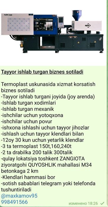 Tayyor biznes ishlab turgan joyida beriladi