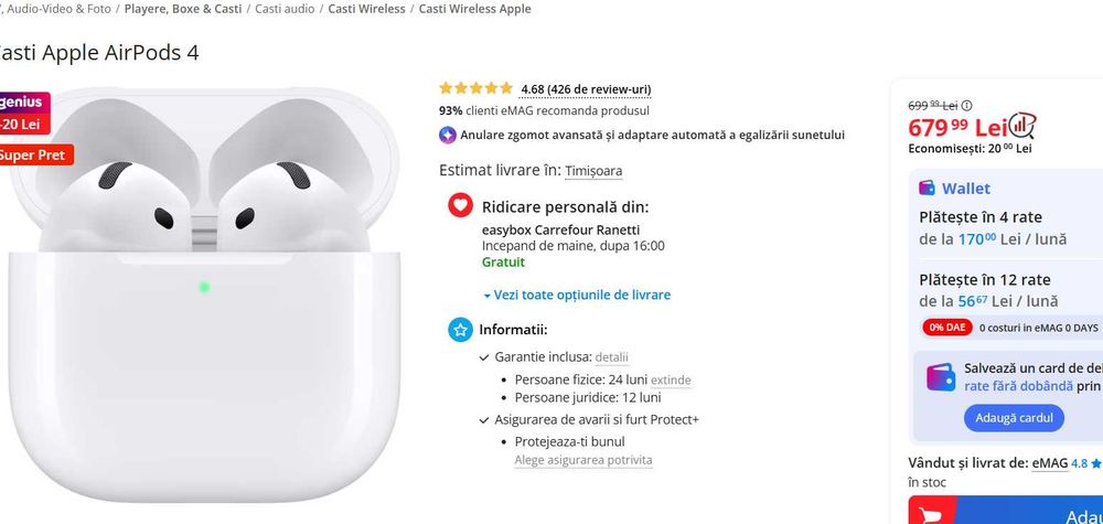 Casti Apple AirPods 4/originale apple cu garantie si factura