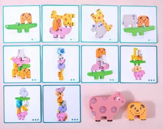 Joc Montessori de Stivuire Animale din Lemn, 10 Piese, 10 Cartonase