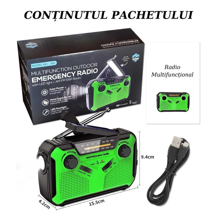 Radio Portabil Camping, cu Incarcare Solara, Baterie 4000 mAh