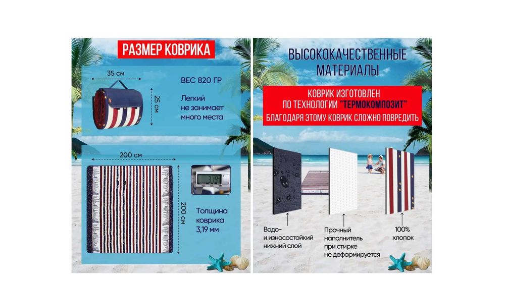 Коврик для пляжа-2х2 метр, толщина-3,2 см. Сумка и доставка бесплатно