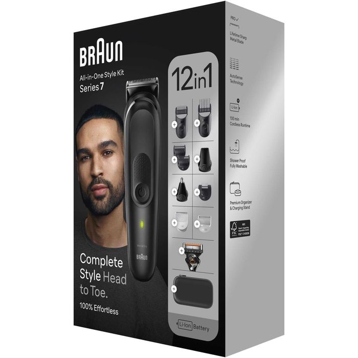 Aparat de tuns multifunctional Braun MGK7460, Wet&Dry, AutoSense, 12-in-1, 2 piepteni ficsi, 4 piepteni, 3 capete, 1 aparat de ras Gillette