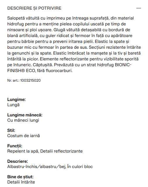 Salopetă vătuită H&M - iarna - 98