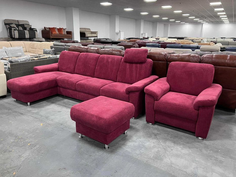 ПРОМОЦИЯ! Червен диван от плат с лежанка ф-я сън,фотьойл, табуретка