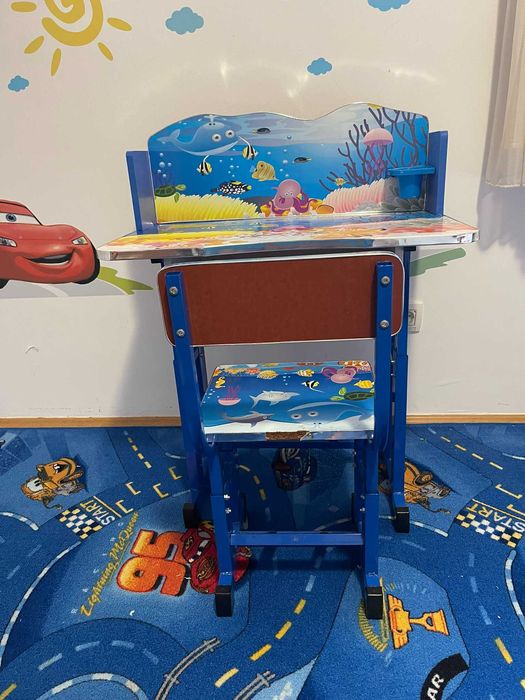 Set birou copii AJUSTABIL cu scaun, metal si MDF imprimat, Albastru