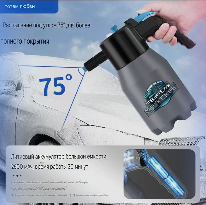 Электрический пеногенератор для мойки, емкость 1,5 л, заряжаемая