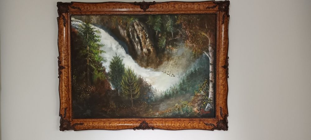 Tablou mare peisaj cu cascadă, semnat Gh. Rusu – Ramă masivă din lemn