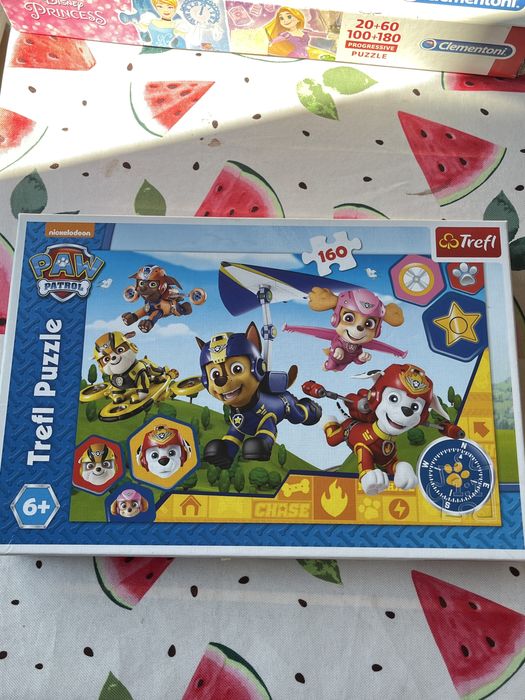 Комплект от 5 детски пъзела – Disney, Frozen, Paw Patrol и Minnie Mouse (комплект, не може да се купуват по отделно)+ подарък(изп. кукла за обличане)