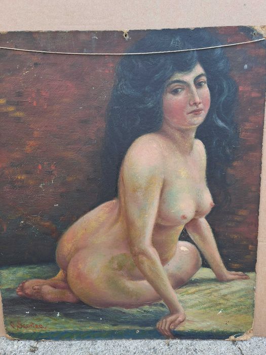 tablou vechi nud pictura pe pfl 46/53 cm semnat C Scortea