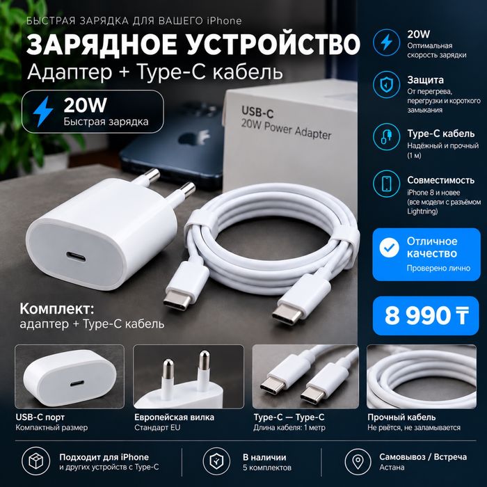 Зарядное устройство 20W + Type-C кабель для айфон 15+