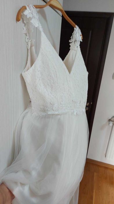 Елегантна булченска рокля, комплект с обувки, бяла дълга рокля и още