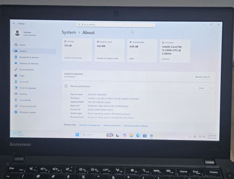 Laptop Lenovo X250 I5 5300u , SSDD , Windows 11 4GB Ram