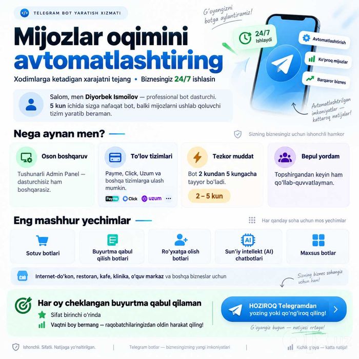 Telegram Bot Yasash Xizmati | Телеграм Бот Ясаш Хизмати