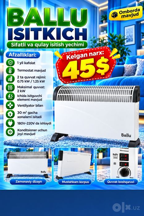 Ballu elektr isitkich - 2 kVt, termostatli (pechka)