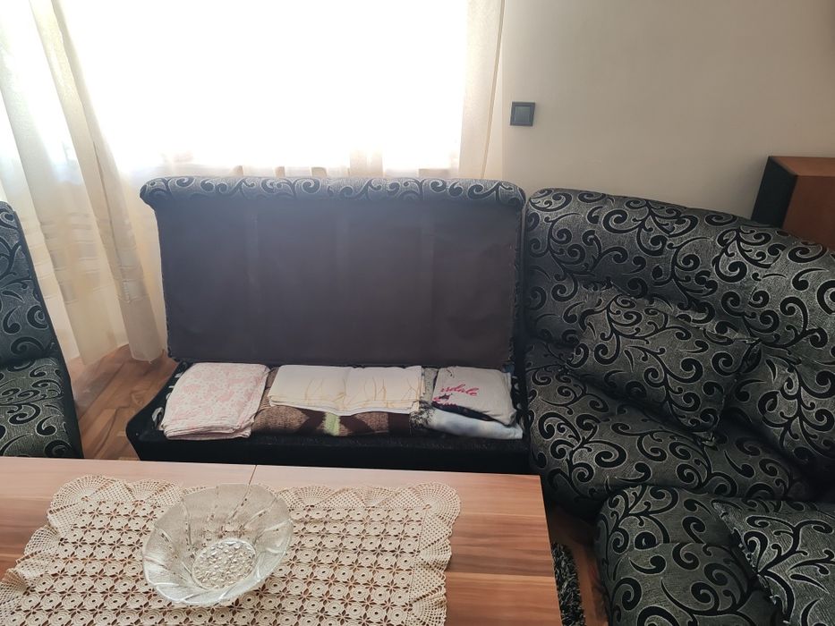 Ъглов диван за хол, фотьойл и две табуретки.