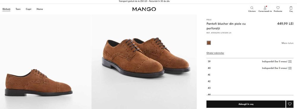 Pantofi 41 derby cap toe Mango NOI piele naturala moale