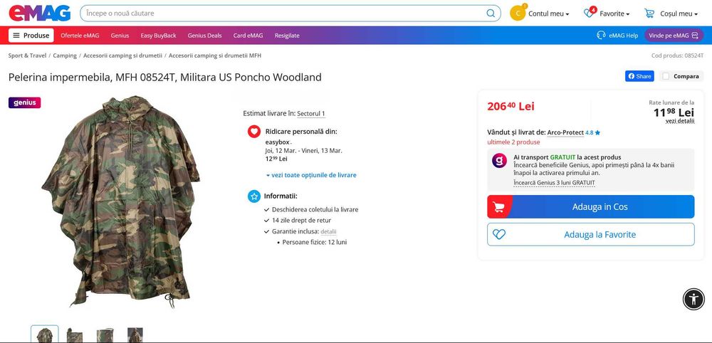Pelerină MFH Militar US Poncho Woodland Vânătoare Pescuit Camping NOUA