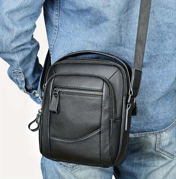 Мъжка обемна кожена чанта/Елегантна от черна естест. кожа -10%Промоция