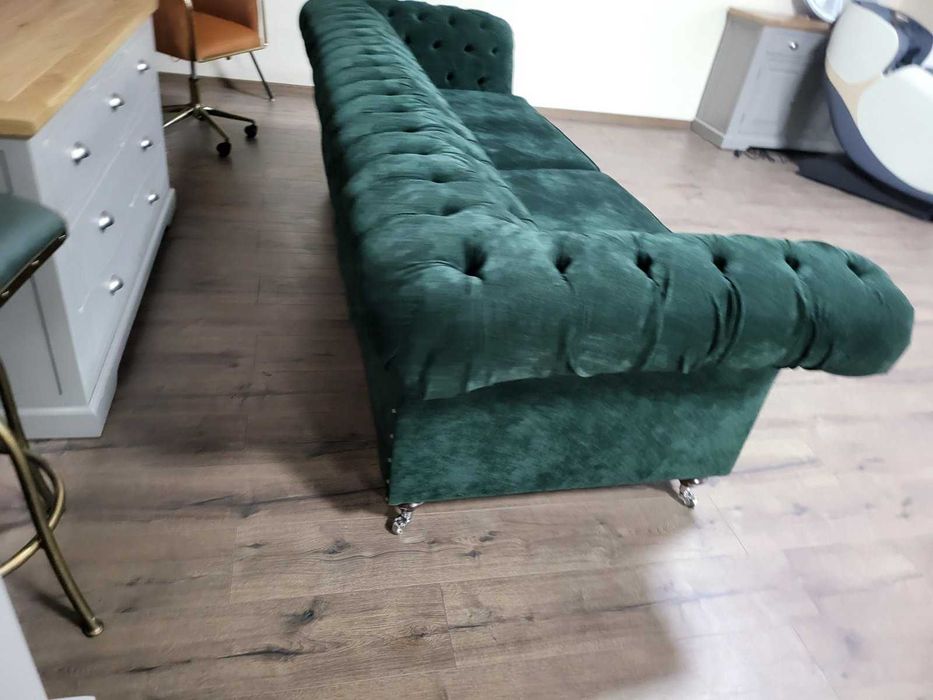 Голям зелен диван от плат Честърфийлд - четворка
