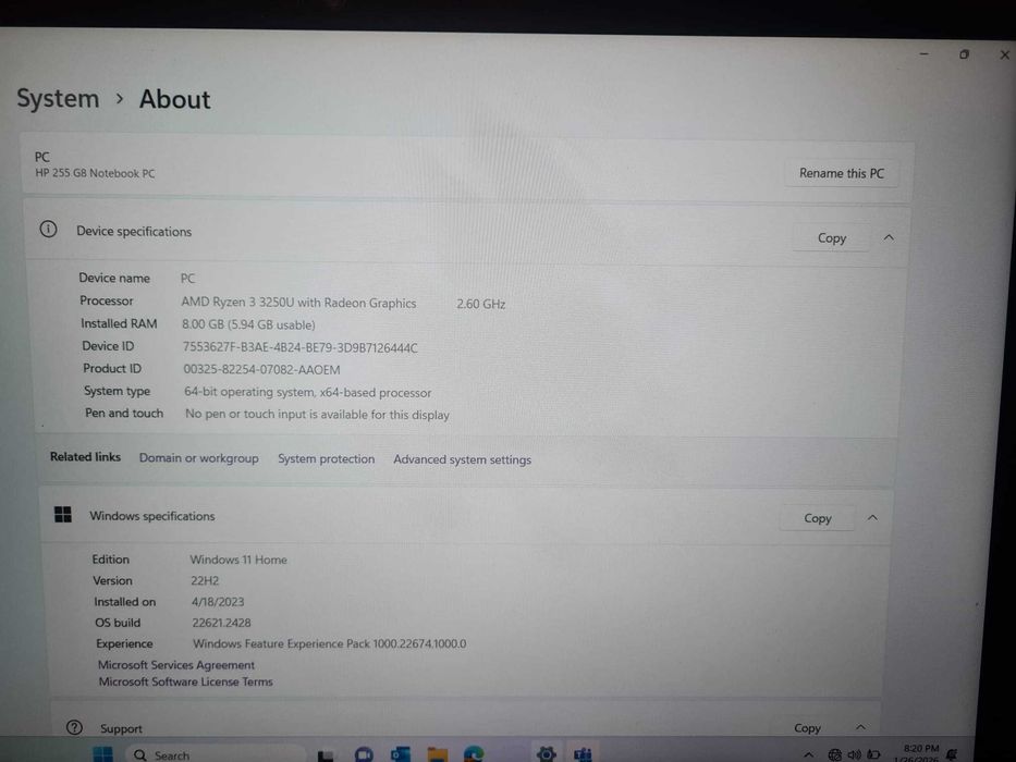 Laptop HP 255 G8 – Ryzen 3 / 8GB RAM /  – stare bună