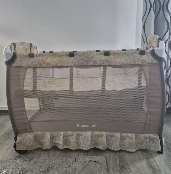 Pătuț pliabil Krausman + Saltea nouă cu husă detașabilă din cocos 12cm