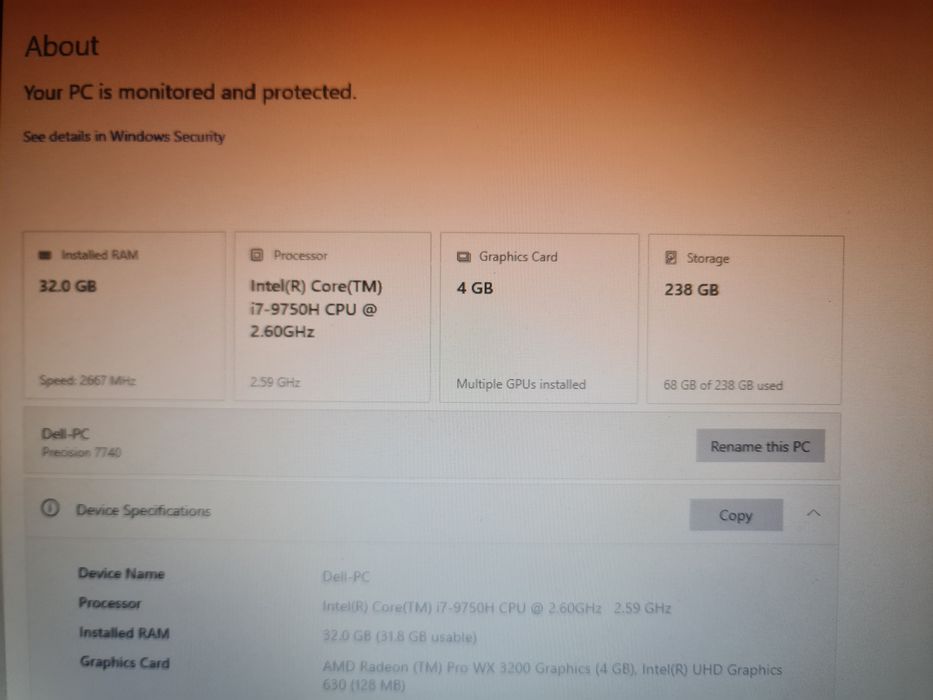 Laptop Dell Precision 7740 i7 9750H video AMD Radeon Pro WX 3200