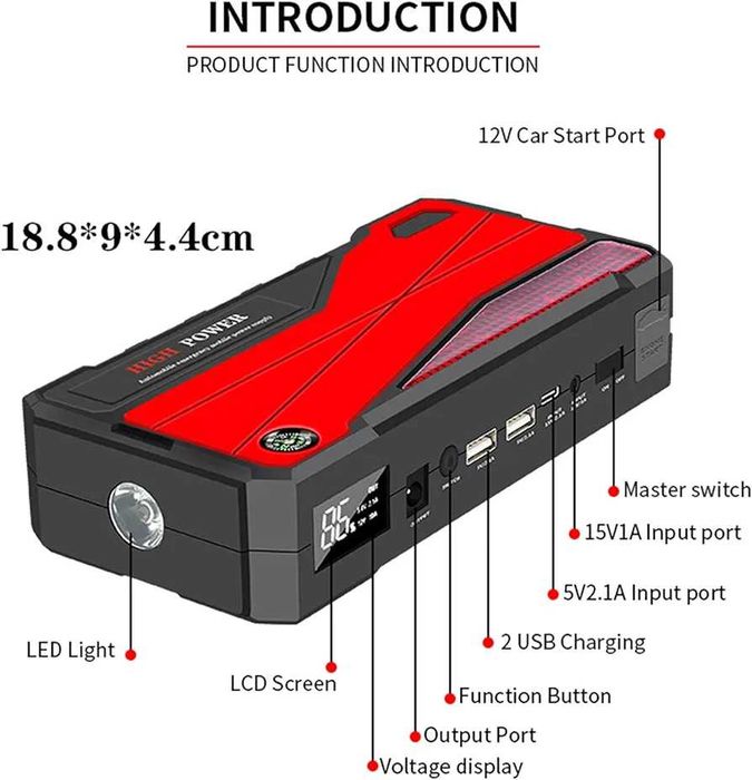 Стартер за кола, 1000A Peak 32000mAh Преносим стартер за кола 12V