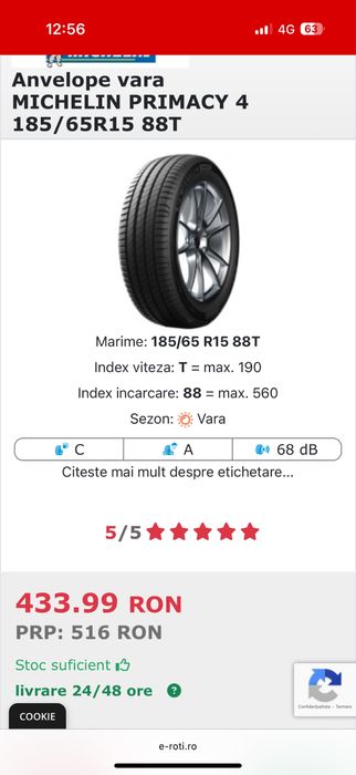 Vand 4 anvelope MICHELIN Primacy 4 185/65 R15 ^ dot 2022 VARA
