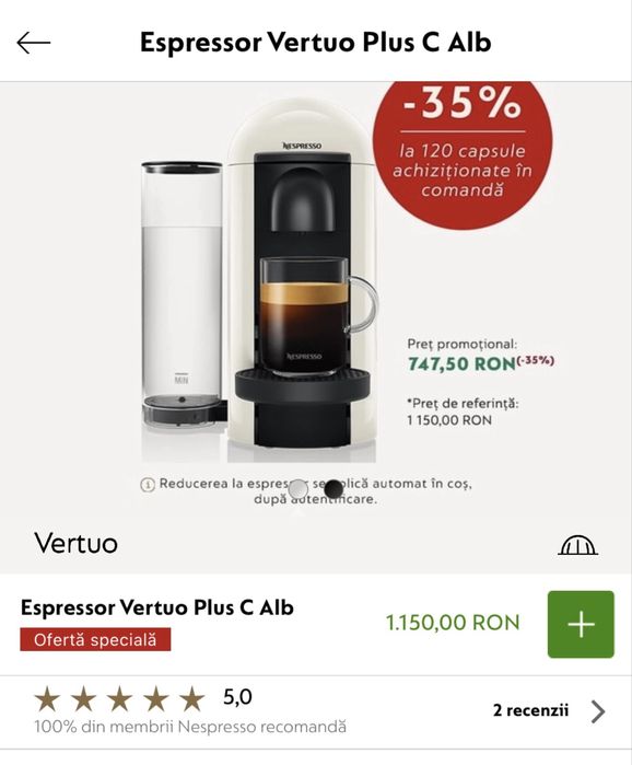 Nespresso  Vretuo Plus C Alb +1 an garantie