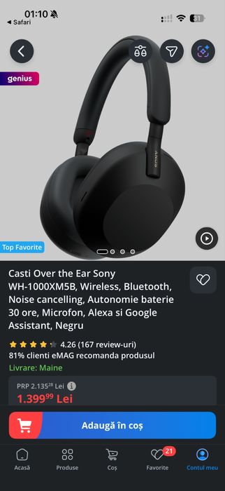 Casti Sony WH-1000XM5B Wireless Bluetooth Noise Cancelling - garantie
