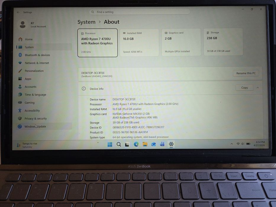 R7 4700U 16GB DDR4 MX350 2GB SSD 256GB