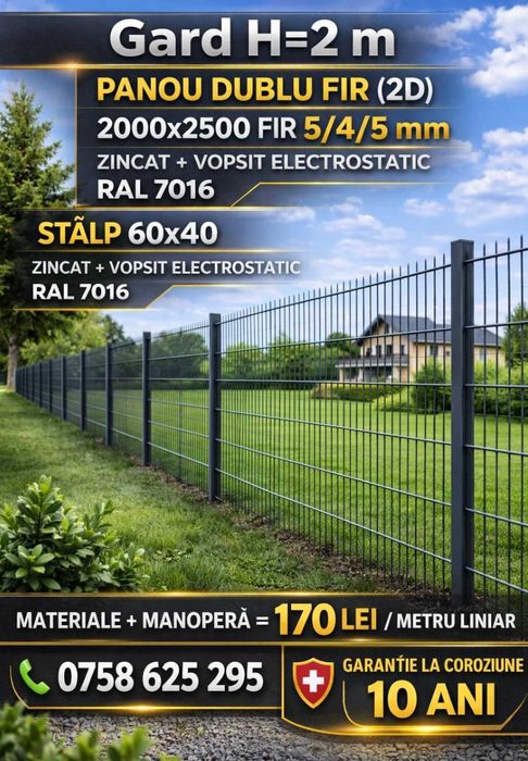 Constructie gard / Gard din plasa zincata   H2m  montaj gard  120 lei