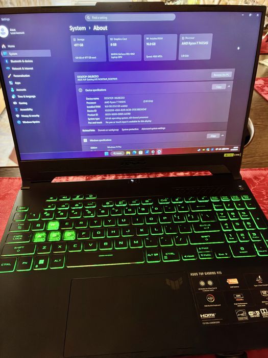Laptop Asus tuf PRO Gaming RTX 4060 140W Ryzen 7 RAM 16gb ddr5 Garantie 03.10.2026 factura , impecabil