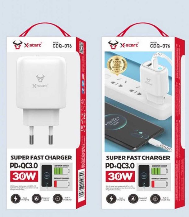 30W Бързо зарядно QC3.0 + PD | USB + Type-C | 1 година гаранция