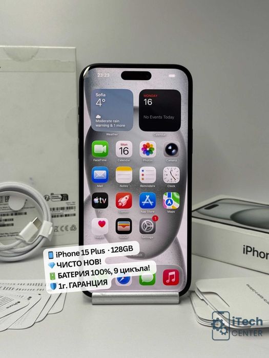 iPhone 15 Plus, 128GB, Black, НОВ, 100% батерия, 1г. ГАРАНЦИЯ!