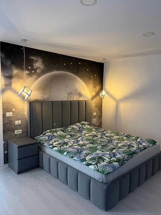 Pat tapitat cu cadru metalic si somiera rabatabila cu model pe laterale, 140×200 cm | 160×200 cm | 180×200 cm