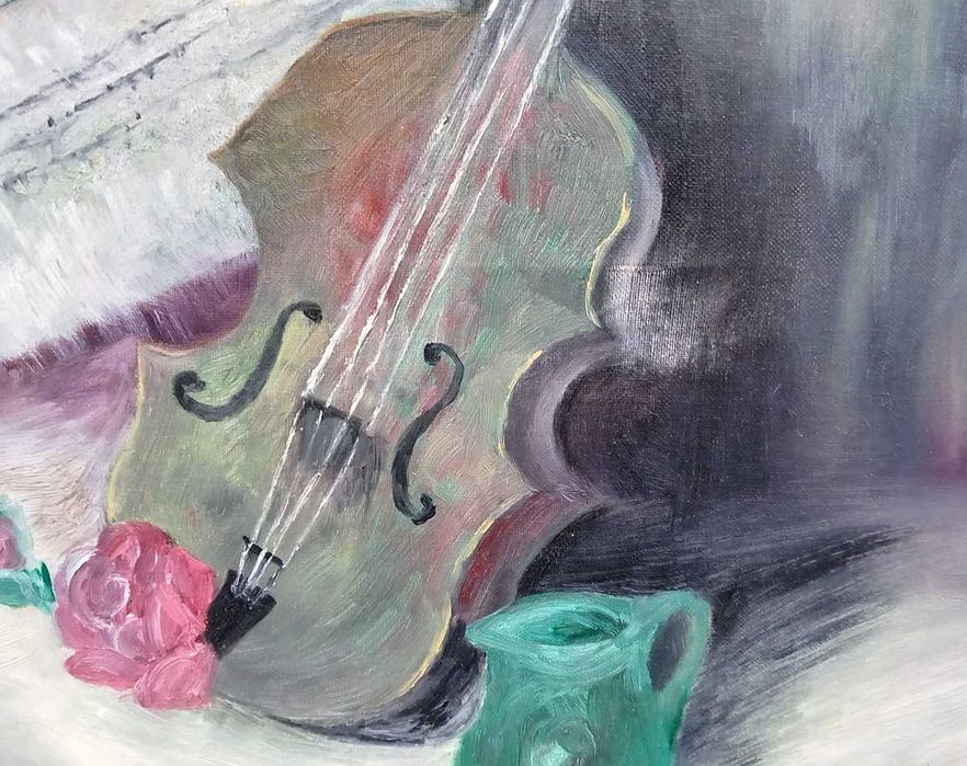 Tablou vechi - natura statica cu vioara - semnat si datat