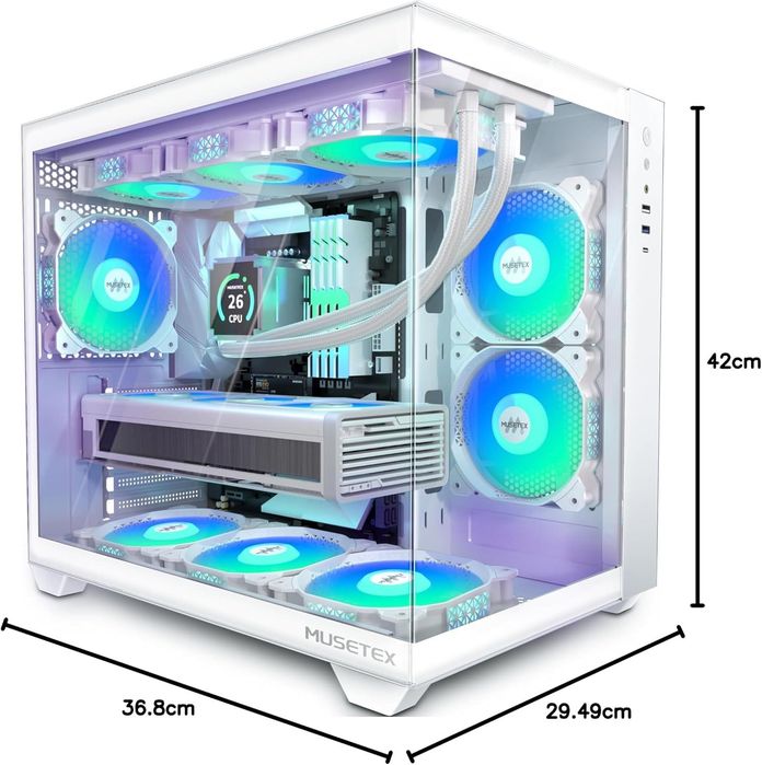 Carcasa PC Gaming MUSETEX Y6 alba, ATX, sticla 270°, 6 ventilatoare ARGB