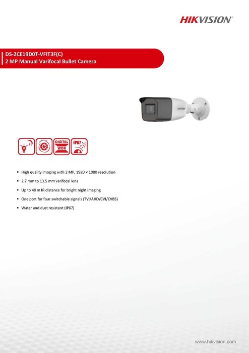HikVision DS-2CE19D0T-VFIT3F 2MP Камера Варифокален Обектив 2.7-13.5мм