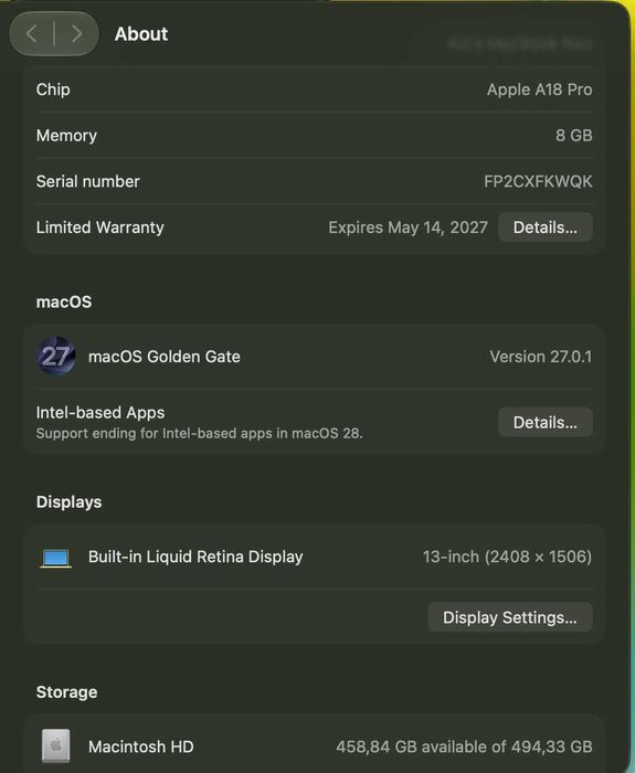 MacBook Neo TouchID, 8 GB RAM / 512 GB SSD impecabil