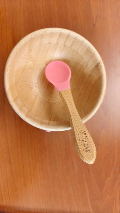 Детски комплект за хранене Oaki, Бамбукова купа, Чиния слонче, Розов