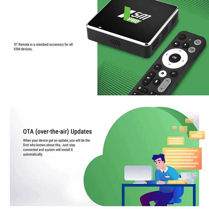 UGOOS X5M PRO ТВ БОКС Android 14 Amlogic S905X5M LPDDR4 4GB 32GB Поддръжка AI-SR CEC AV1 WiFi6 BT5.4 1000M с BT гласово дистанционно