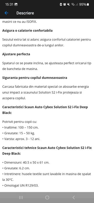 Scaun auto isofix Cybex Solution S2, 3-12 ani (15-50kg)