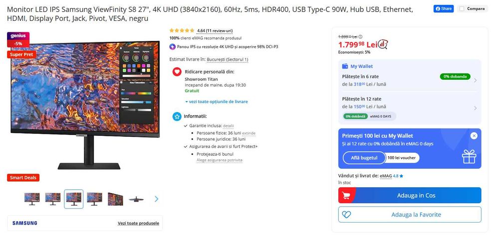 Monitor LED IPS Samsung ViewFinity S8 27", 4K GARANTIE