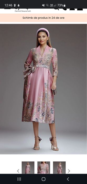 Rochie Eliza roz petrecuta din tafta imprimata