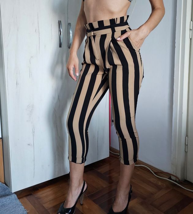 New Look Petite XXS XS pantaloni 3/4 cu dungi talie înaltă bej negru skinny noi