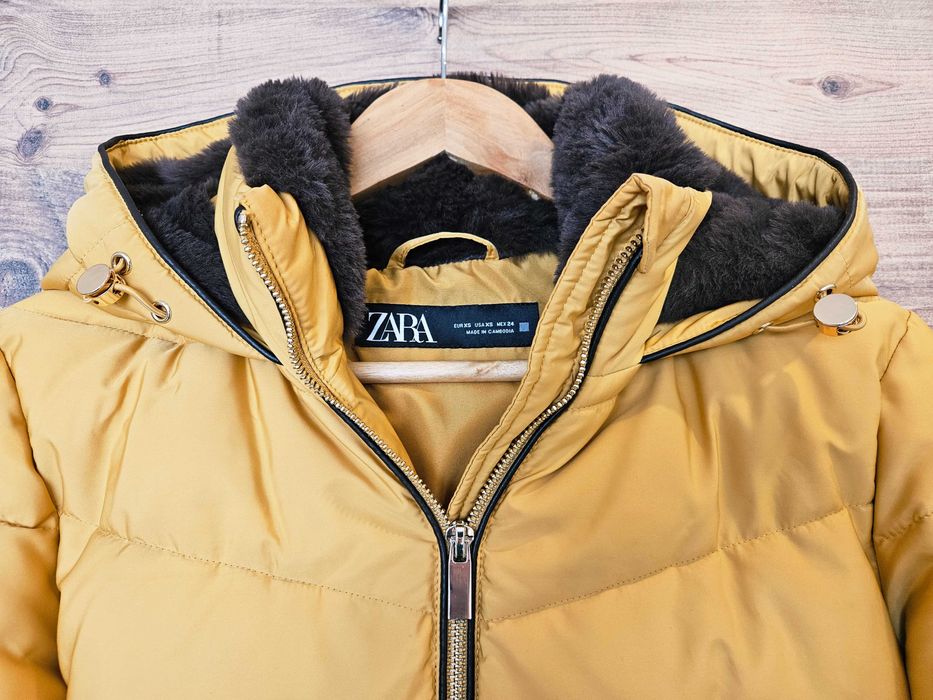 Ново дамско яке ZARA зимно горчица XS качулка подплата вата златисто