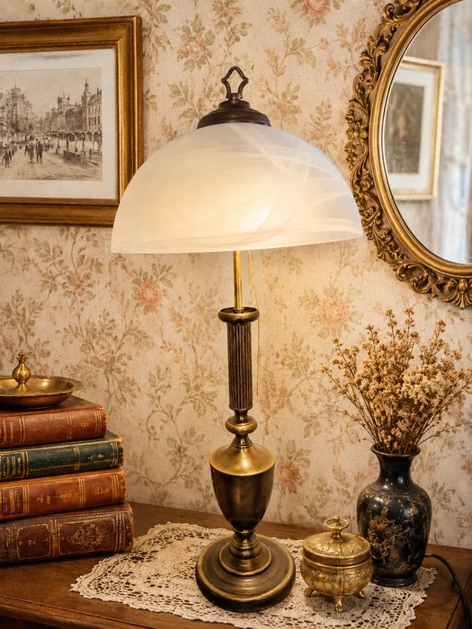Lampa,veioza veche englezeasca cu picior si abajur sin sticla satinata