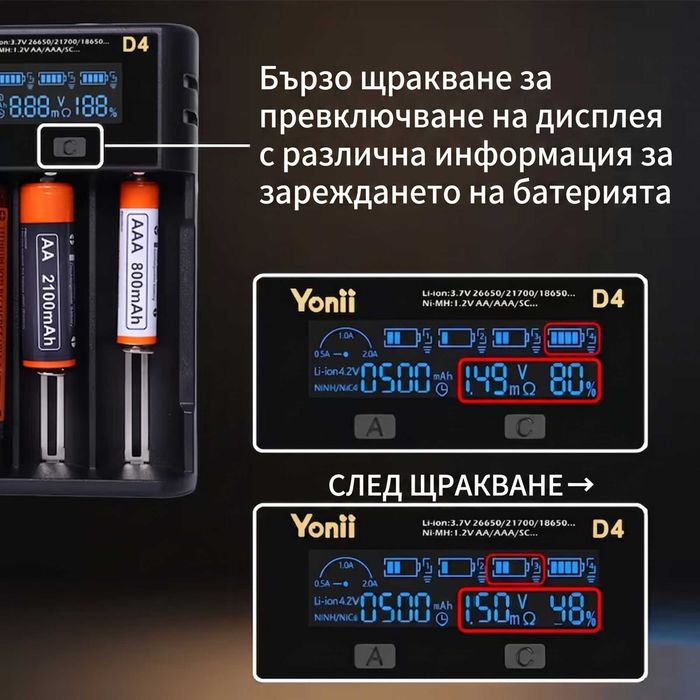 Yonii D4 Смарт Зарядно за Батерии 18650, 21700, 26650, AA AAA Li-ion Ni-MH Тестер Капацитет Бързо 2A